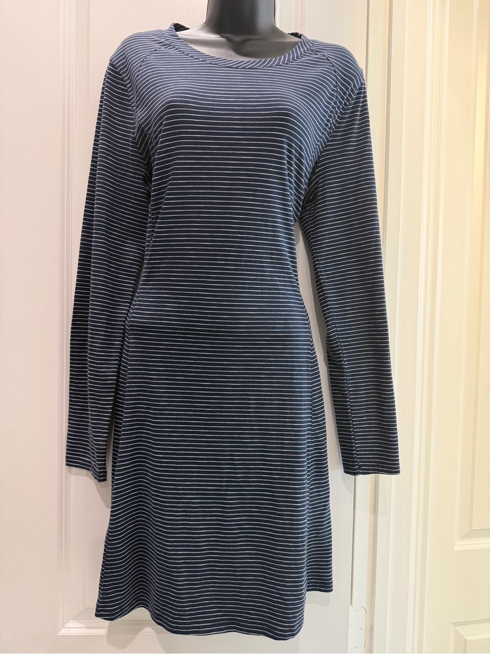 Toad&Co Windmere II Navy Striped Dress Large Organic Cotton